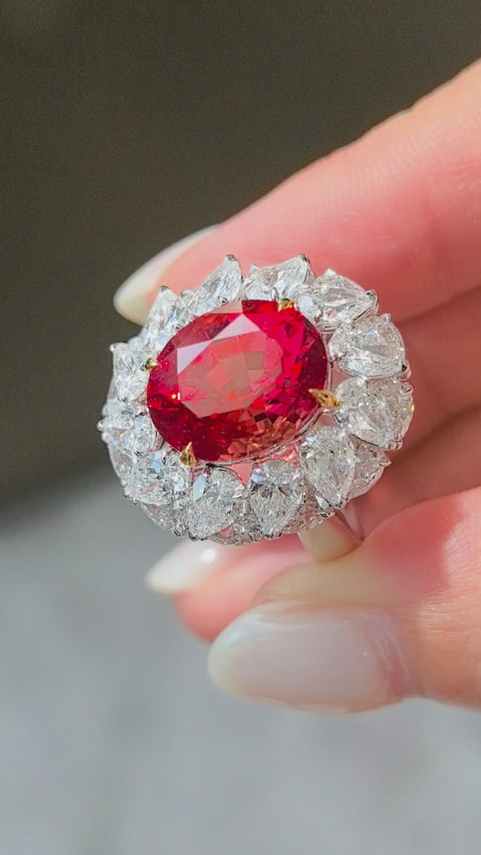 6.3ct 8.1g Oval Vivid Orange Padparadscha Sapphire Ring | 3D Double Teardrop Halo | Lab-Grown