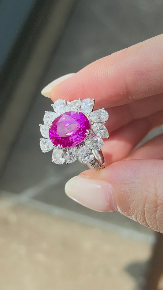 4.1ct 5.6g Oval Padparadscha Pink Sapphire Ring | Pear Diamond Halo | Lab-Grown