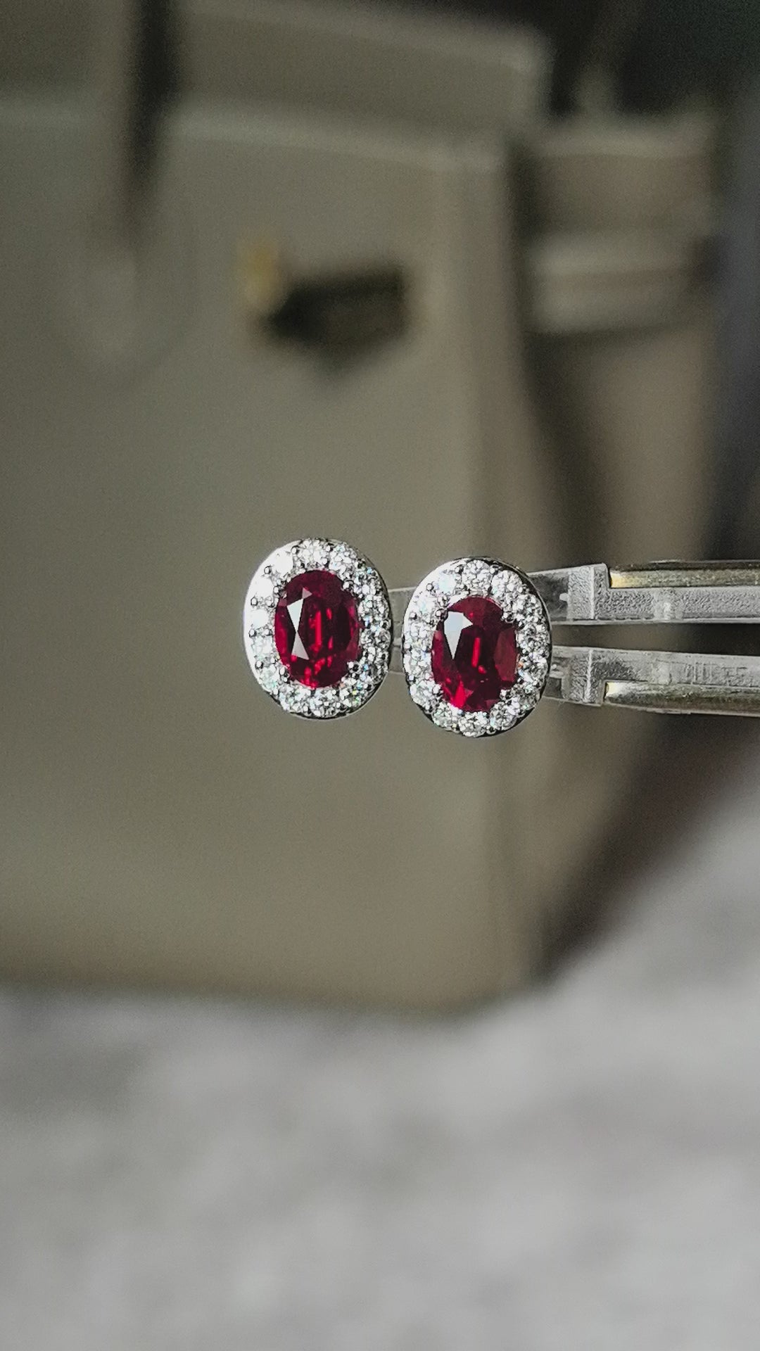 E-019 | Ruby Earrings | Oval Cut Lab-Grown Ruby Stud Earrings | Micro-Pavé Diamond Halo Earrings | Screw-Back Posts for Secure Wear