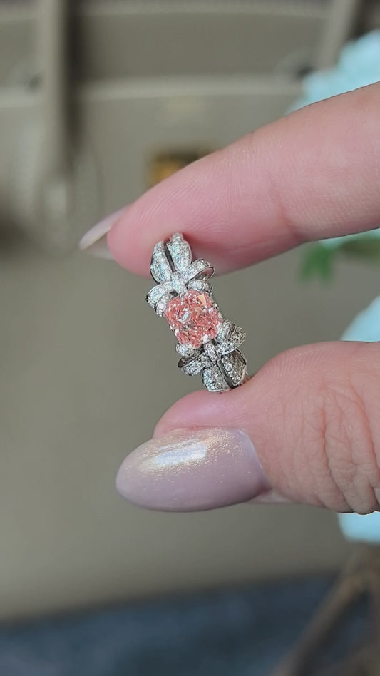 1ct 5.3g Radiant Cut Pink Lab Diamond Ring | Bow-Tie Setting