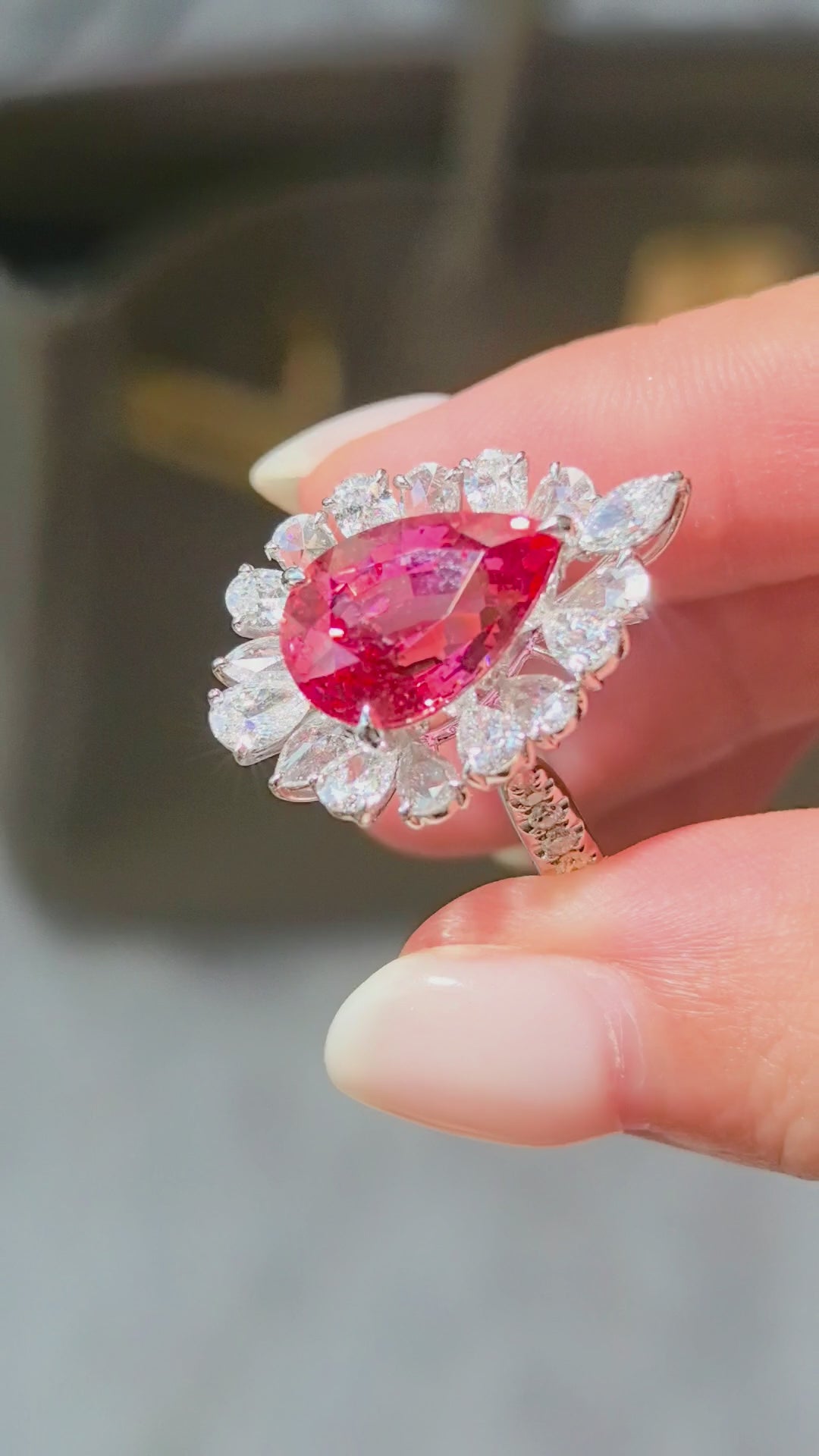 5.5ct 7g Pear Cut Pinkish Orange Sapphire Ring | Pear & Marquise Diamond Halo | Lab-Grown