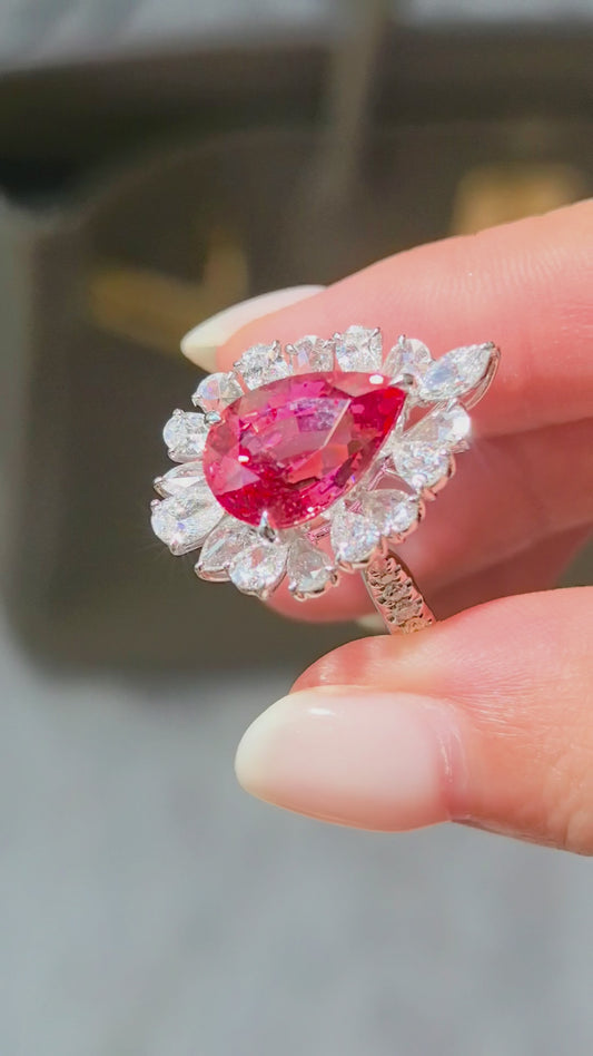 5.5ct 7g Pear Cut Pinkish Orange Sapphire Ring | Pear & Marquise Diamond Halo | Lab-Grown