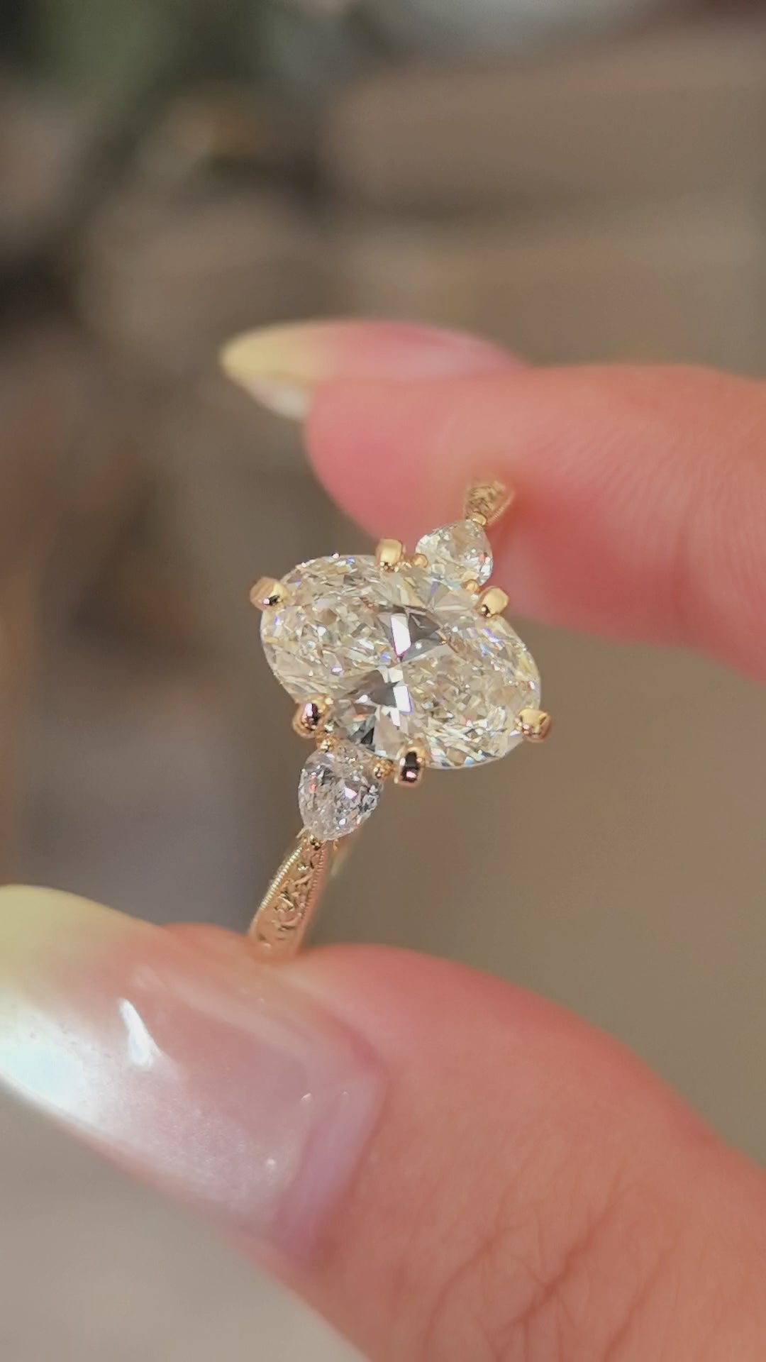 OV-015| Oval Lab Diamond Ring | Floral Prong & Engraved Band | Pear Side Stones | 14K Gold