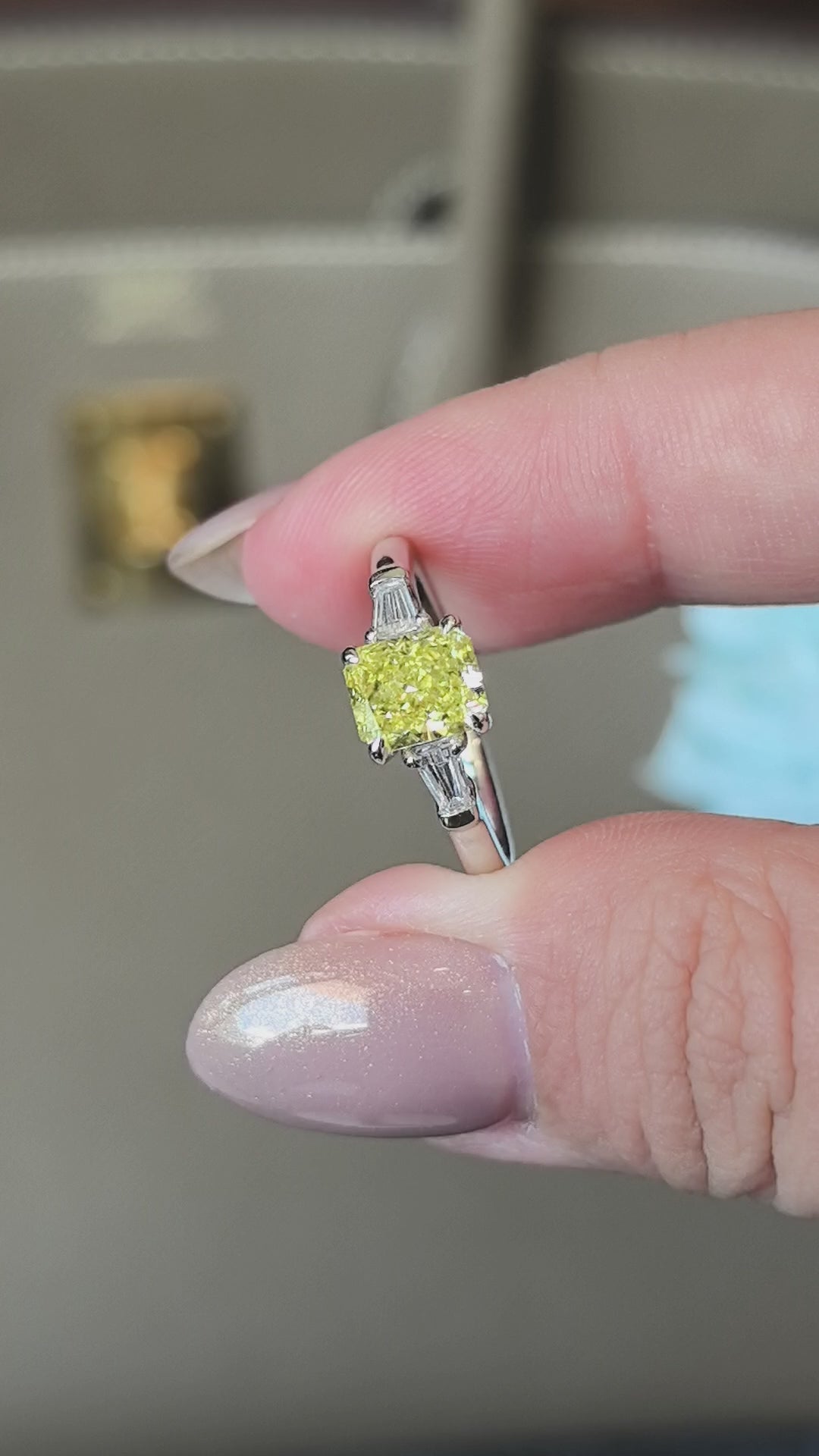 1.24ct 3.5g Cushion Vivid Yellow Lab Diamond Three-Stone Ring | Baguette Side Stones