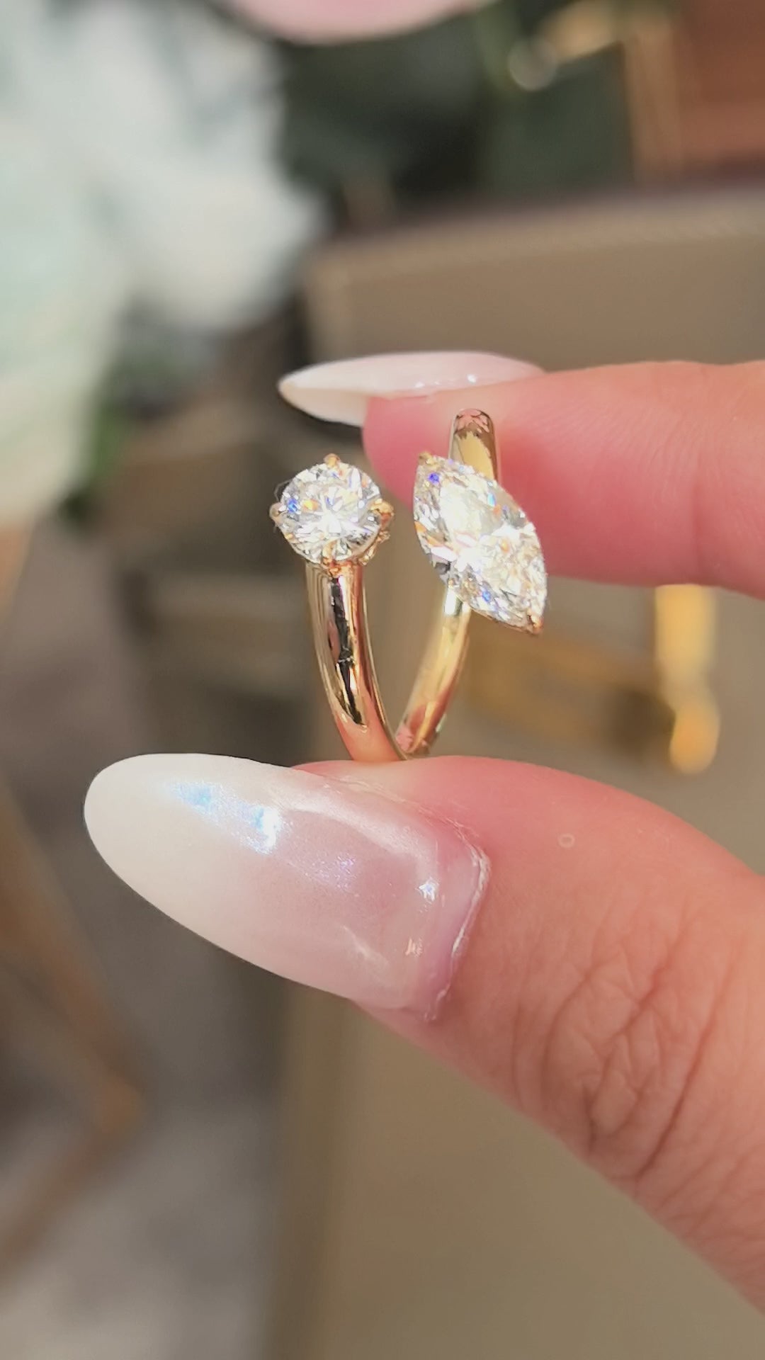 RO-012|Marquise & Round Lab Diamond Ring|Two-Stone Bypass Setting|Modern Asymmetrical Style