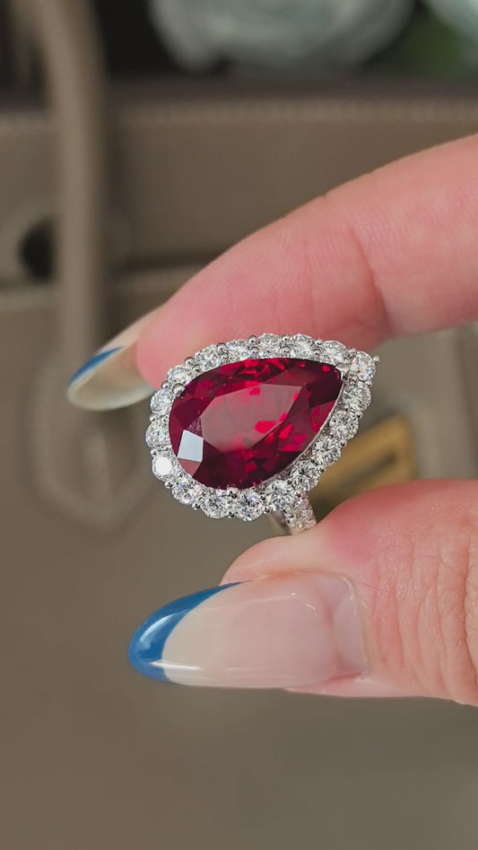 9.6ct 7.7g Pear Cut Ruby Halo Ring | Half Eternity Band | Lab-Grown Gemstones