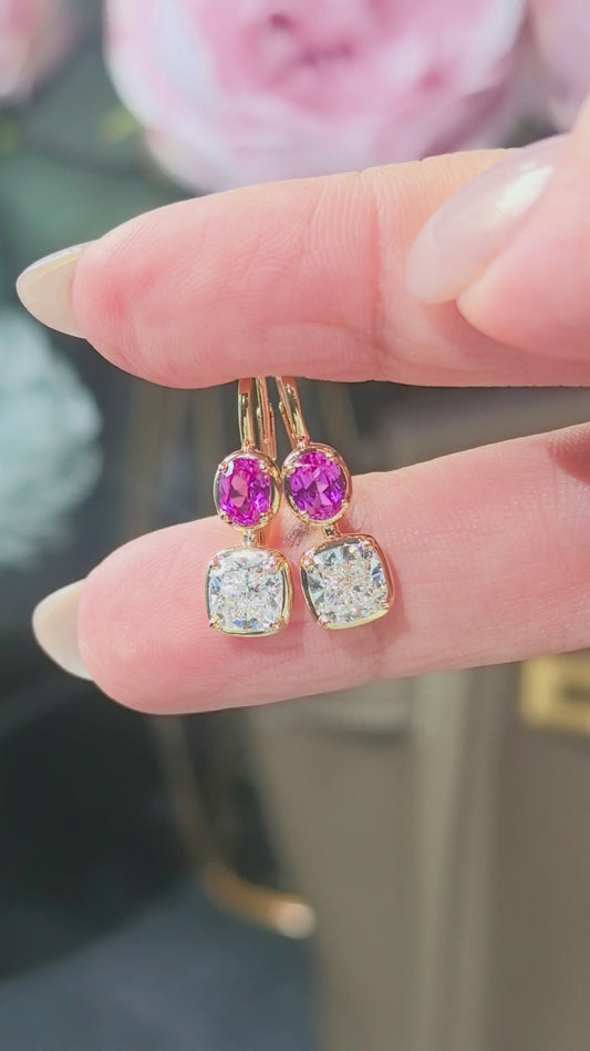 2.0ct 4.7g Pink Sapphire & Lab Diamond Drop Earrings | 14K Gold | Elegant Dangle Design
