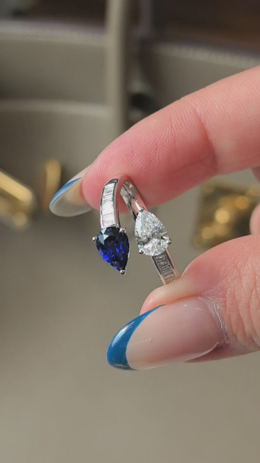 Twisted Band Two-Stone Ring | Pear Lab Diamond & Lab Gemstone | Customizable Birthstones | 14K Gold