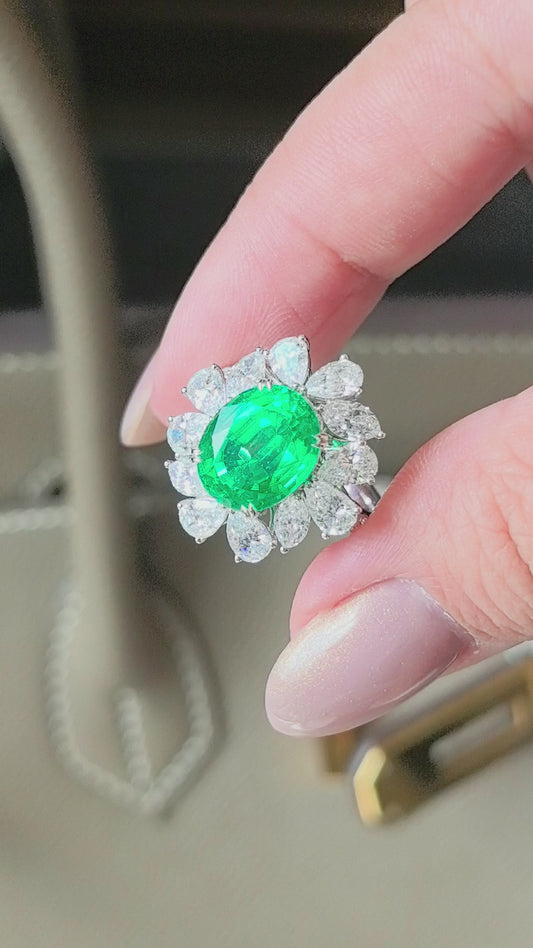 6.3ct 7.4g Sunflower Tsavorite Ring | Oval Cut with Pear & Marquise Halo | Lab-Grown