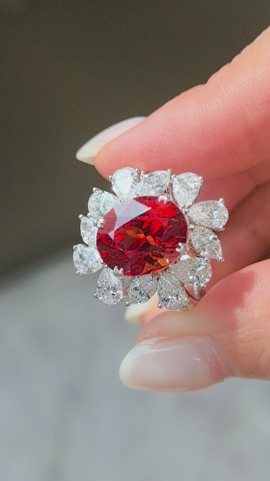 5.8ct 7.3g Big Oval Vivid Orange Padparadscha Sapphire Ring | Pear & Marquise Diamond Halo