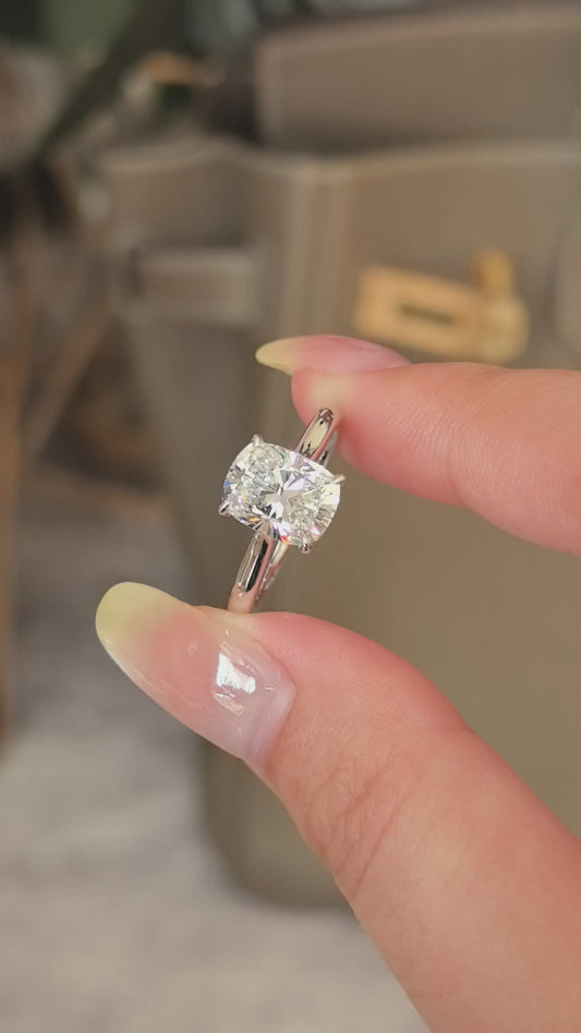 Cushion Cut Solitaire Plain Band Ring with Hidden Halo