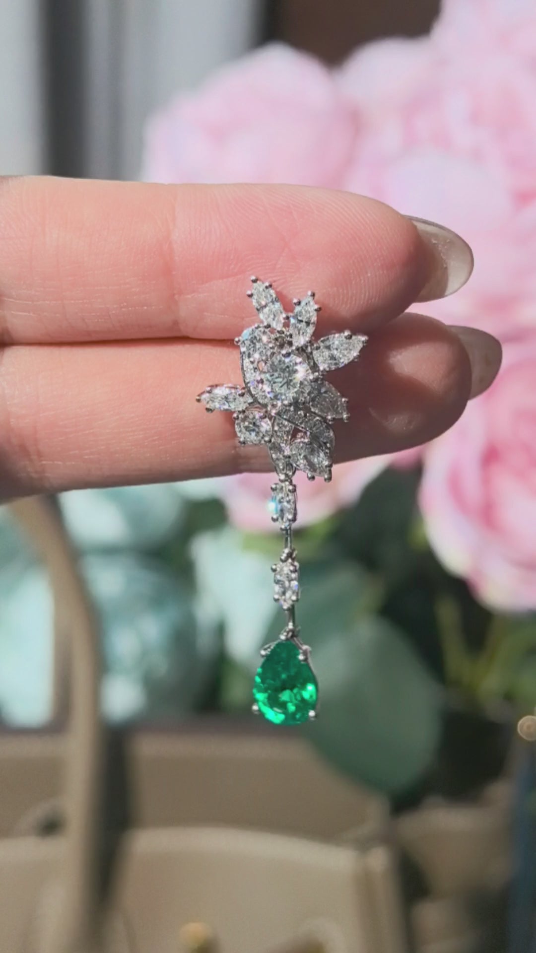 4ct 8g Vintage Pear Cut Emerald & Diamond Drops