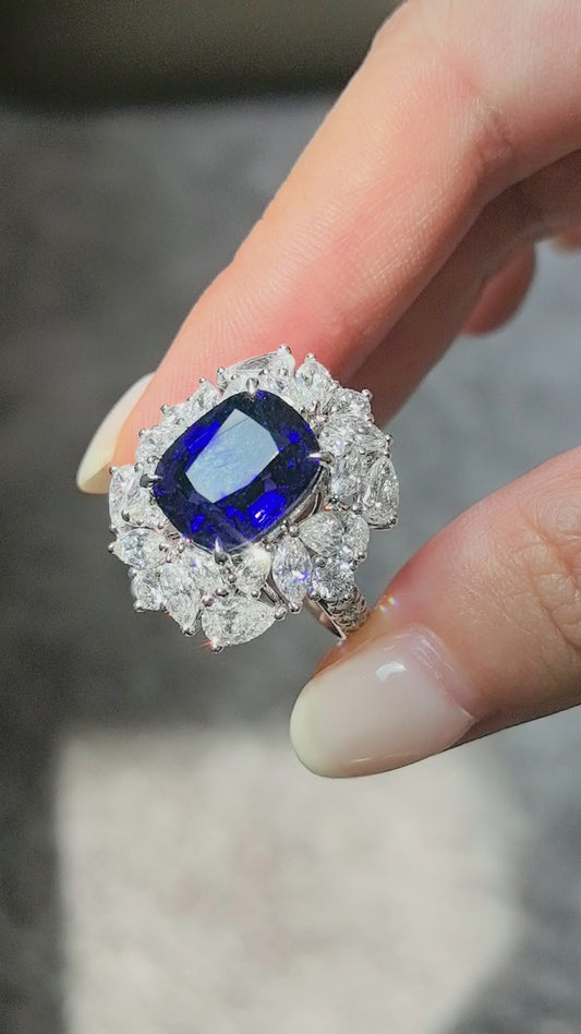 7.3ct 9.7g Cushion Vivid Blue Sapphire Ring | Marquise & Pear Diamond Halo | Half Pavé Band