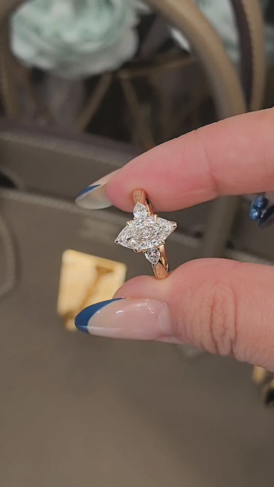 Marquise Lab Diamond Ring | Floral Prong & Engraved Band | Pear Side Stones | 14K Gold
