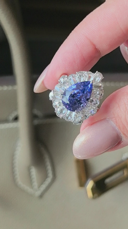 6.7ct 7.8g Teardrop Lavender Garnet Ring | Pear Diamond Halo | Lab-Grown