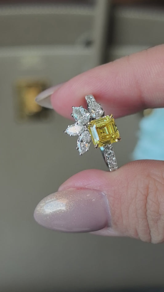 1.5ct 3.9g Vivid Yellow Asscher Cut Lab Diamond Ring | Marquise & Pear Leaf-Inspired Accents
