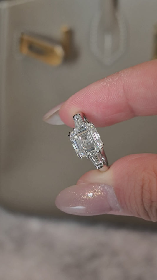 Asscher Cut Lab Diamond Ring | Three-Stone Baguette Design | Architectural Elegance | Lab-Grown