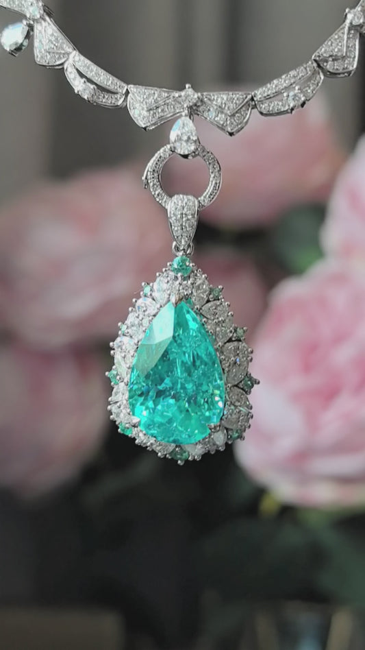 15.3ct 29.9g Pear Cut Paraíba Gemstone Necklace | 18K Gold | Regal Elegance