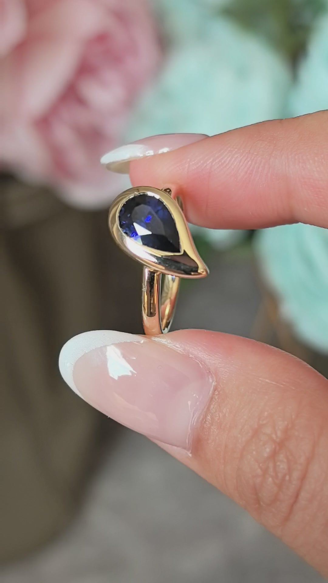 Pear-shaped Lab-Grown Diamond Pinky Ring | Blue Gemstone | Full Halo Setting