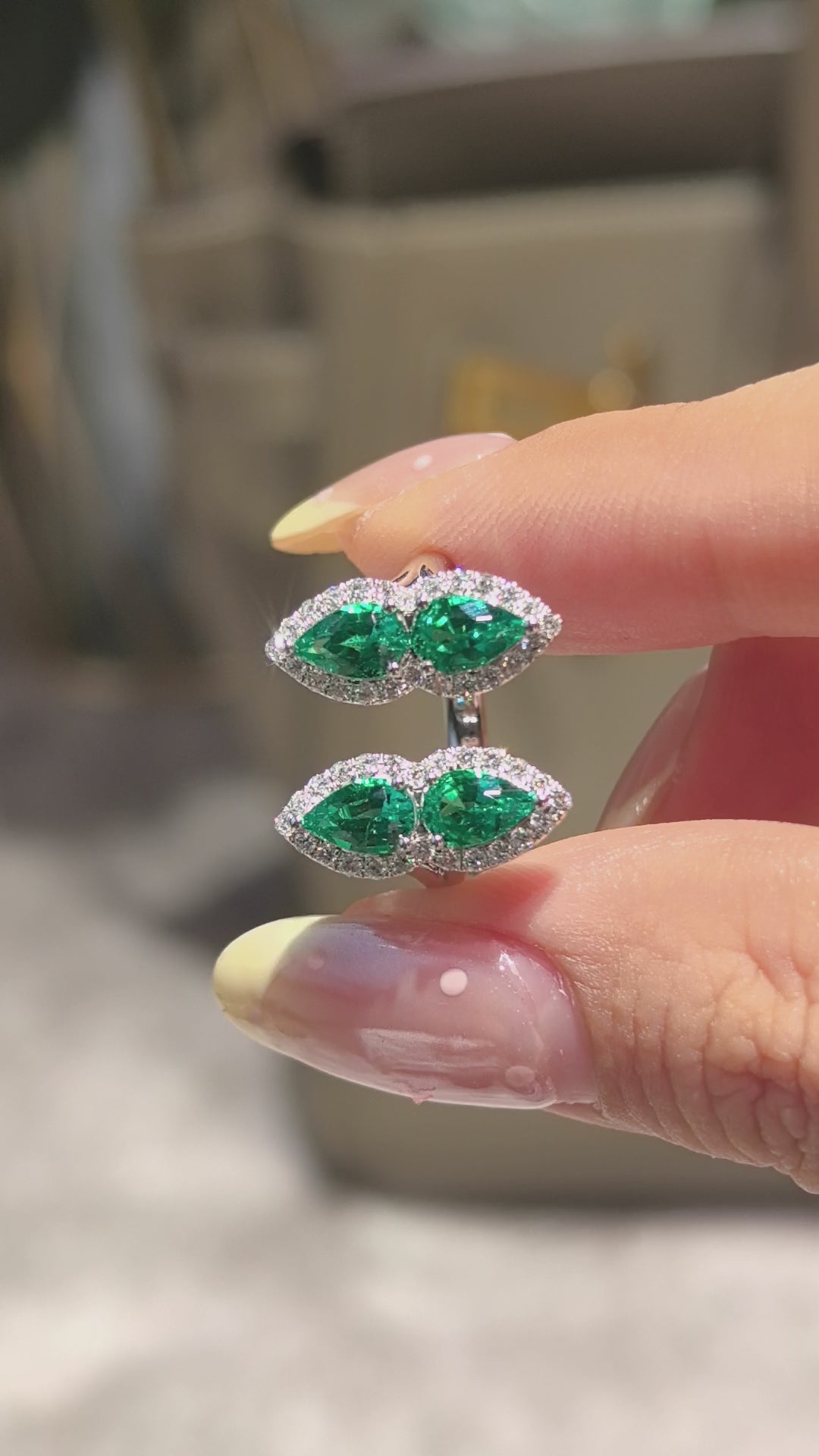 GR-003 | Emerald Gemstone Ring | Pear Shape Design | Peanut Motif | Open Ring | Round Shank
