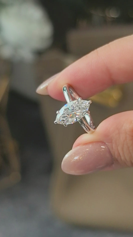 Marquise Solitaire Diamond Ring | Hidden Halo Design | Elongated Elegance | Lab-Grown Diamond