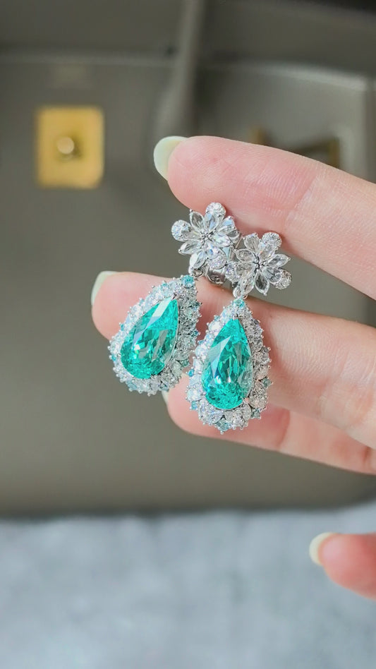 5.6ct 11.5g Pear Shape Paraíba Lab Gemstone Earrings | Diamond Halo | Dangle Design | 14K White Gold