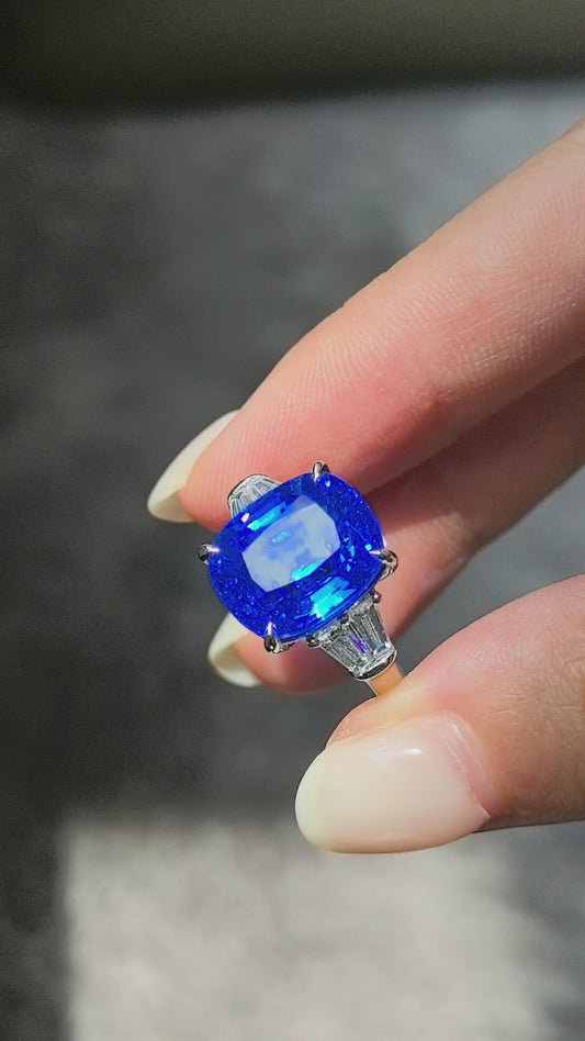 7.4ct 6.7g Cushion Vivid Blue Spinel Three-Stone Ring | Baguette Side Stones