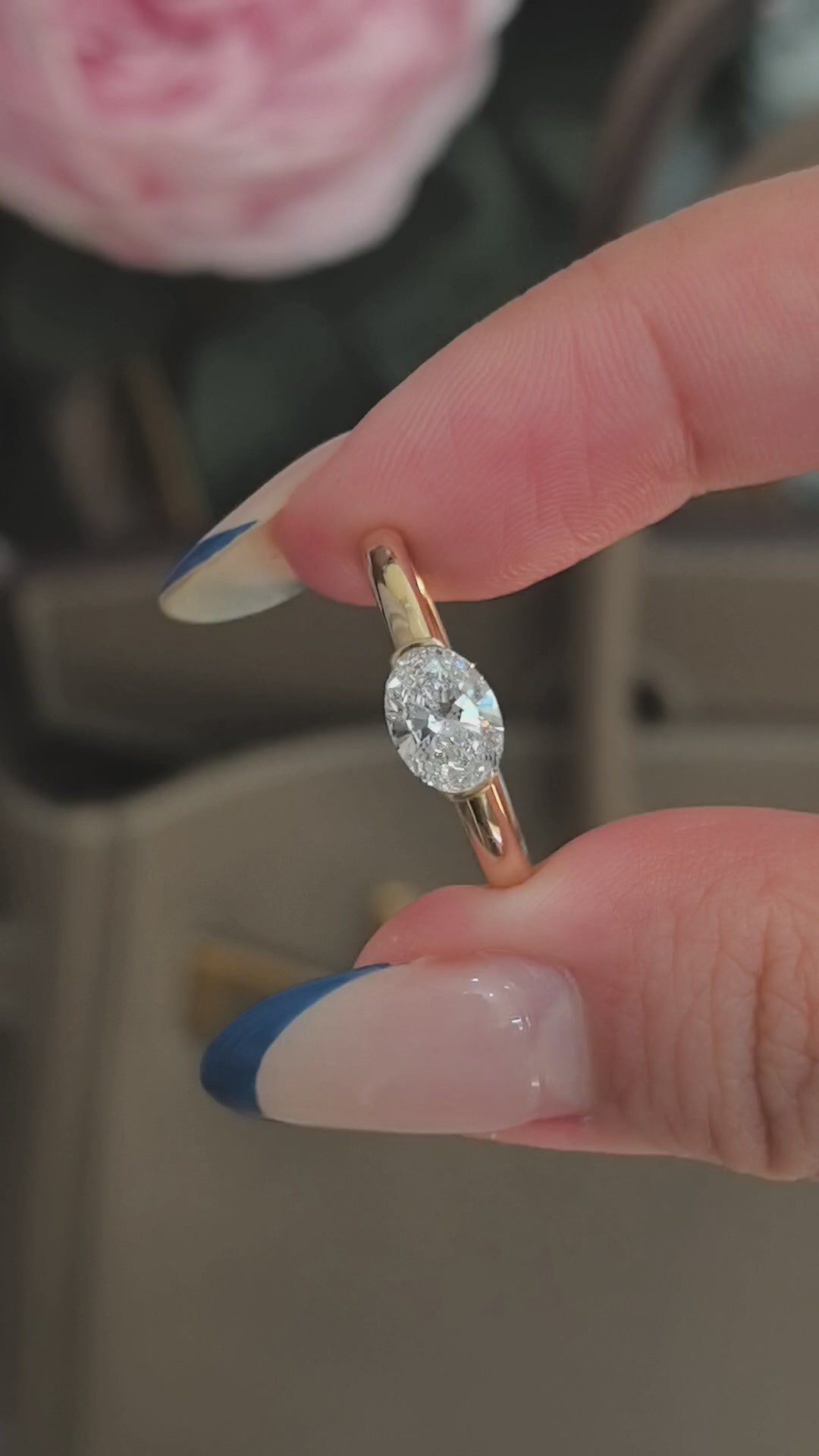 East-West Oval Lab Diamond Pinky Ring | Plain Band | 14K Gold | Modern Minimalist