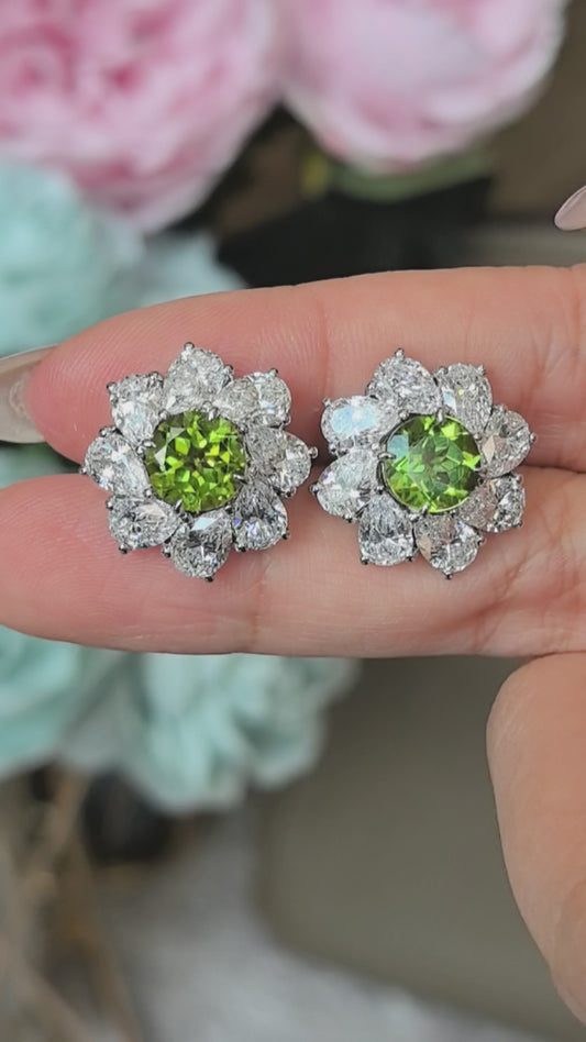 2ct 9.2g Peridot Stud Earrings | 2-Carat Center Stone | Floral Motif Design | Fresh Elegance | 18K Gold