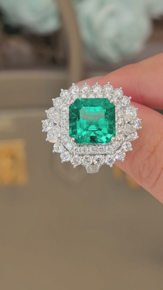 5.6ct 8.1g Asscher Cut Emerald & Diamond Ring | Round Lab Diamond Halo | 18K Gold | Regal Elegance