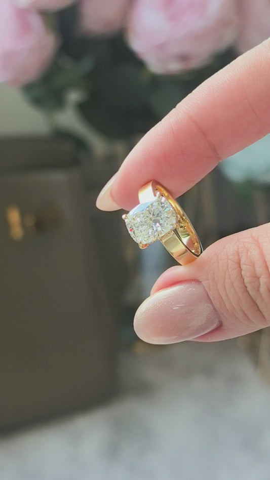 Cushion Solitaire with Thick Plain Band Ring