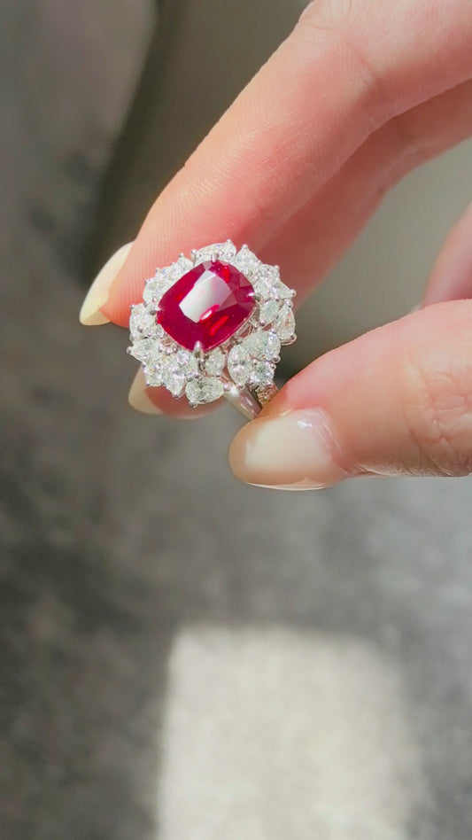 5.3ct 7.2g Cushion Cut Pigeon Blood Red Lab Gemstone Ring | Marquise & Pear Diamond Hal