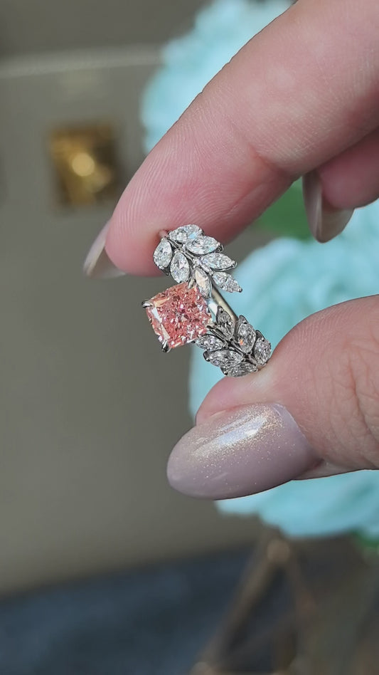 1.4ct 4g Cushion Pink Lab Diamond Leaf Ring | White Diamond Leaf Accents