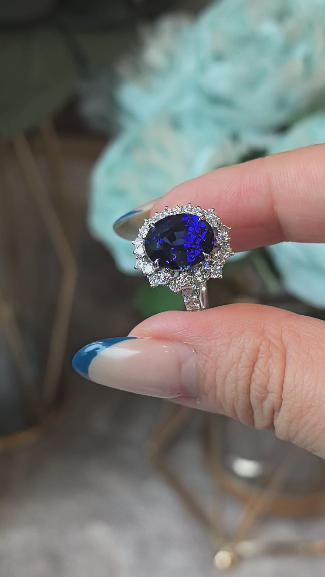 5.5ct 6.6g Blue Sapphire Half Eternity Halo Ring | Round Lab Diamond Accents | 14K Gold | Celestial Elegance
