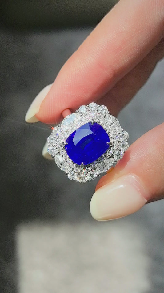 3.8ct 5.8g Cushion Vivid Blue Sapphire Ring | Double Diamond Halo