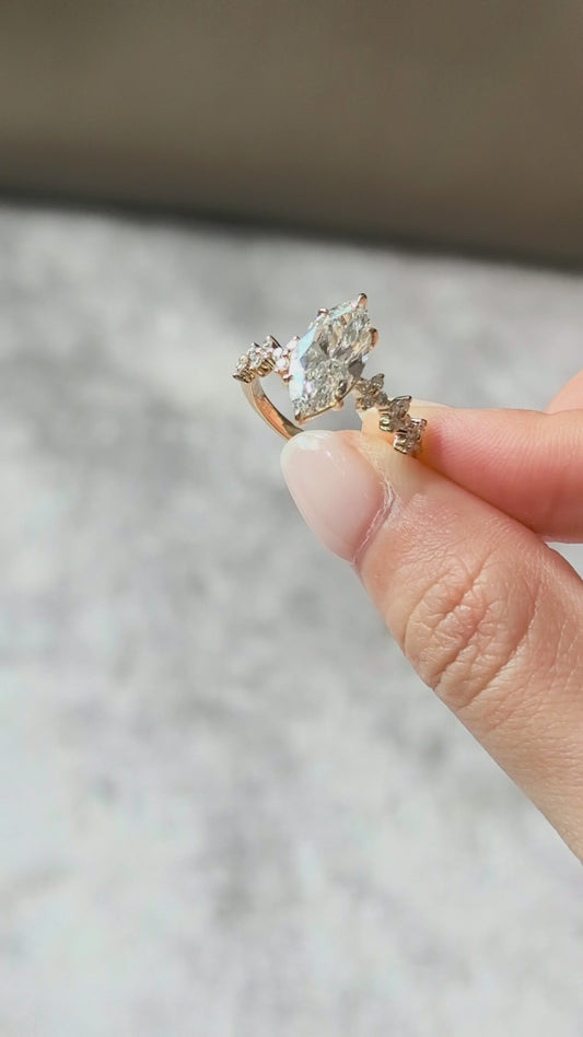 Marquise Cut Lab Diamond Ring | Clover-Shank Band | Half Eternity Accent | Unique Design