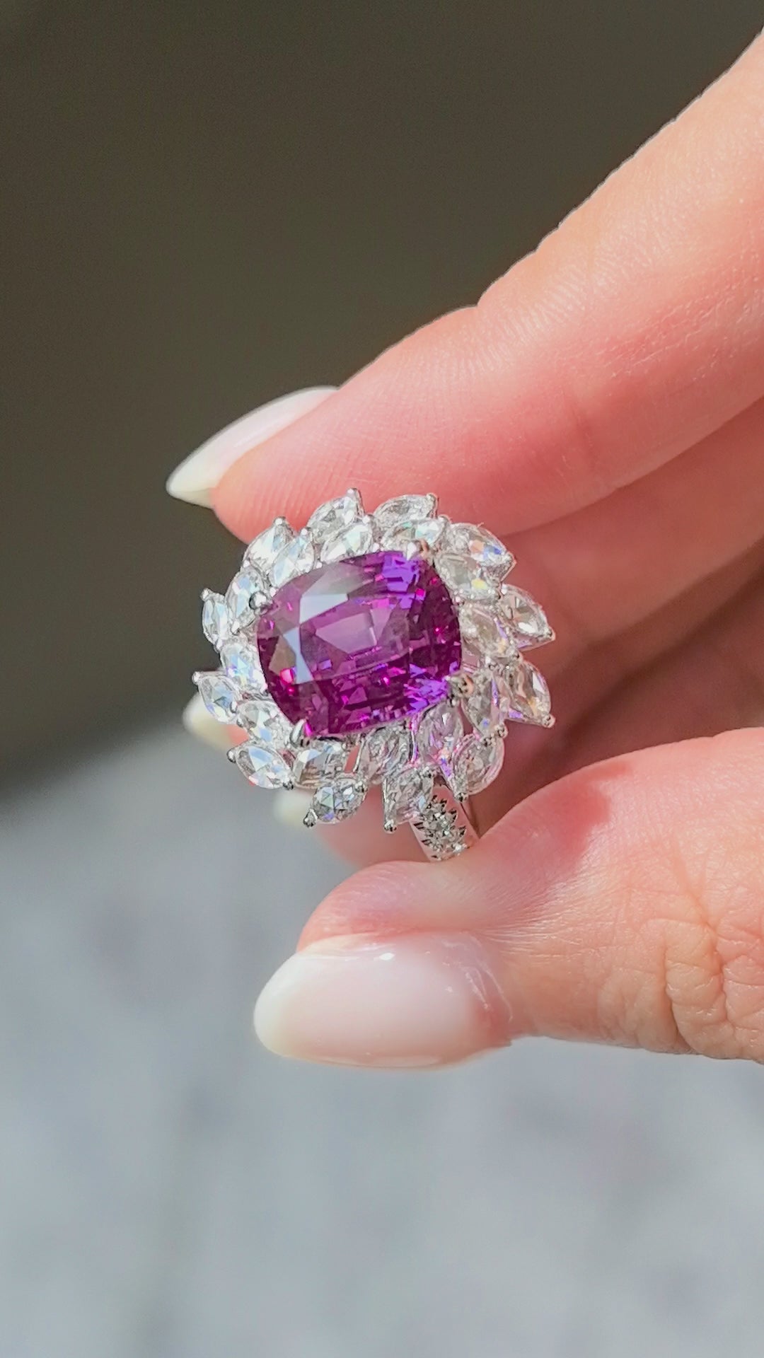 4.8ct 6.4g Cushion Pinkish Purple Sapphire Ring | Double Curved Pear Halo | Lab-Grown