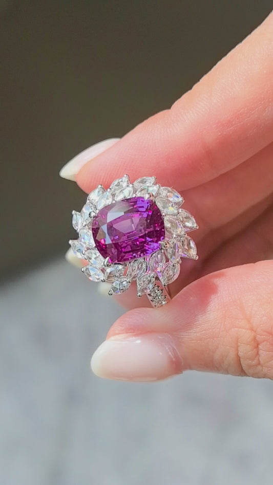 4.8ct 6.4g Cushion Pinkish Purple Sapphire Ring | Double Curved Pear Halo | Lab-Grown
