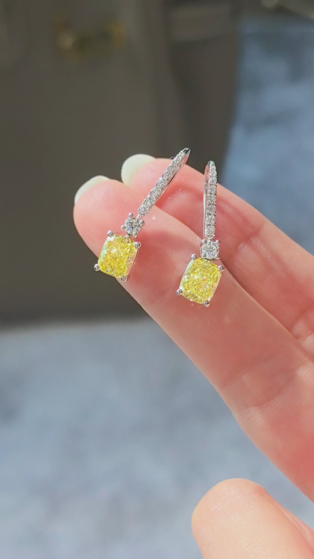 2.6ct 3.2g Cushion Cut Vivid Yellow Lab Diamond Dangle& Pavé