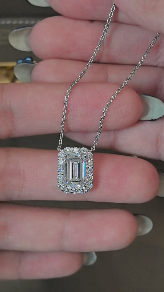 Emerald Cut Lab Diamond Halo Pendant | Fancy Design | 14K Gold | Modern Elegance
