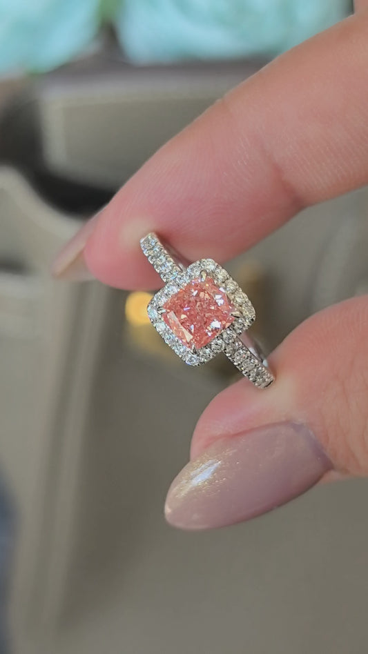 1ct 3.7g Cushion Cut Pink Lab Diamond Ring | Diamond Halo | Half Pavé Band