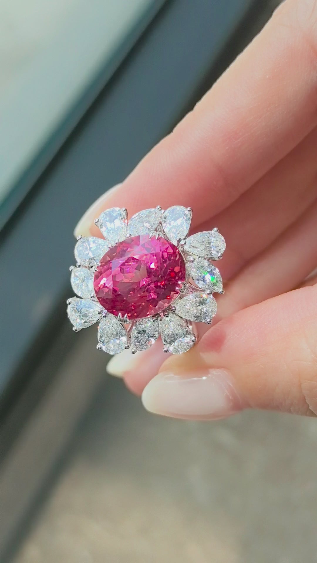 2.1ct 4.5g Oval Padparadscha Pink Sapphire Ring | Pear Diamond Halo | Lab-Grown