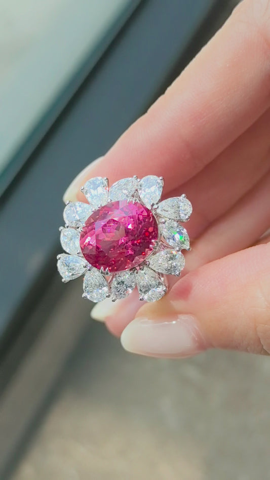 2.1ct 4.5g Oval Padparadscha Pink Sapphire Ring | Pear Diamond Halo | Lab-Grown