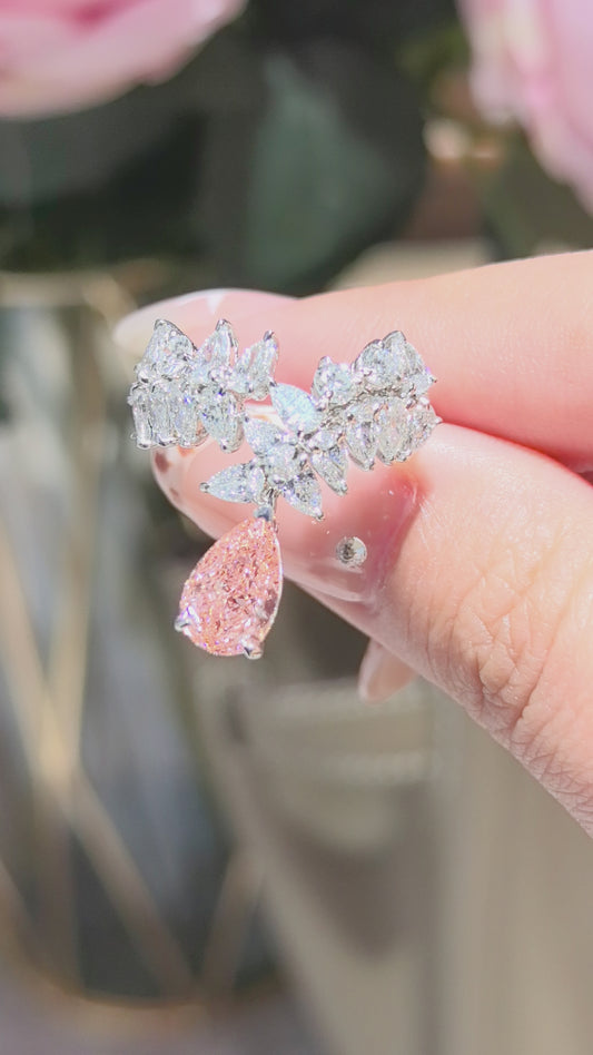 1.22ct 5g Pear Pink Lab Diamond Leaf Ring | White Diamond Leaf Accents