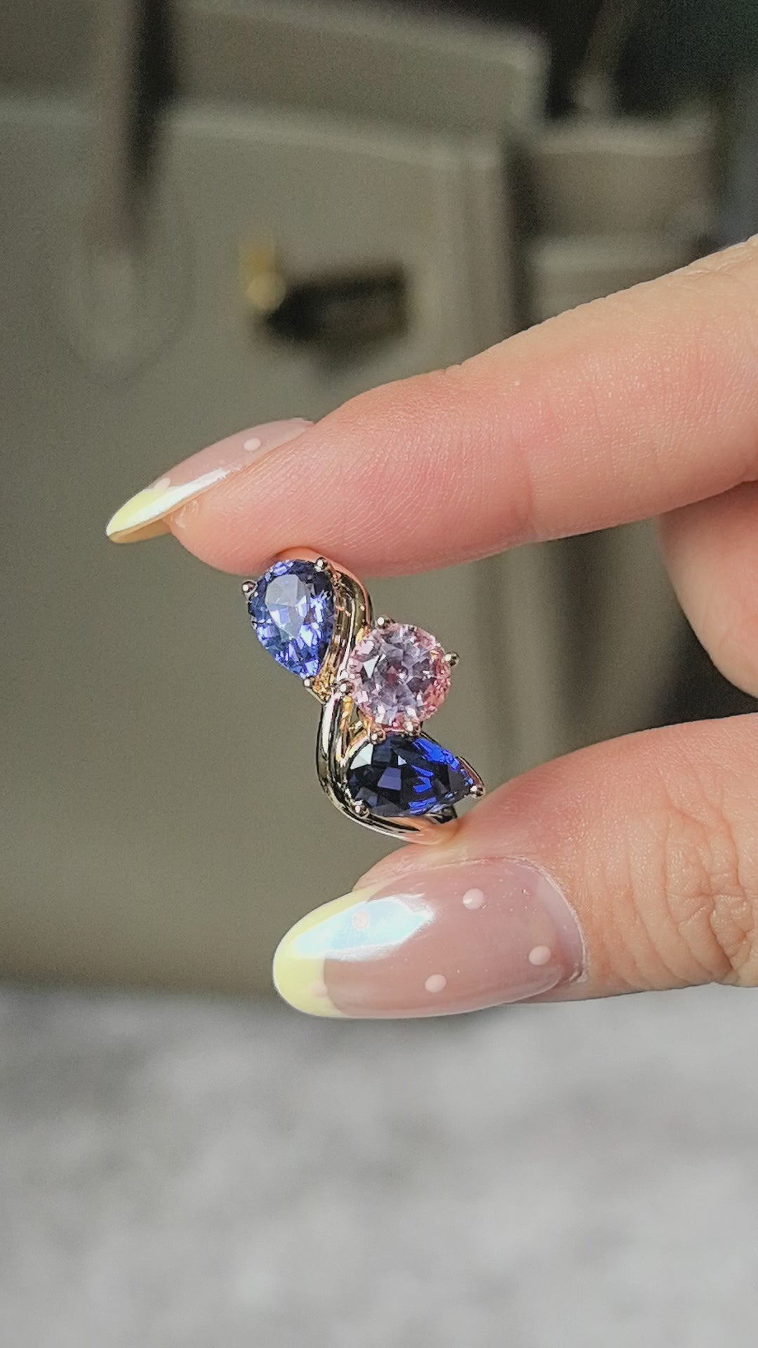 GR-005 | Three-Stone Ring | Pear Shape Blue Birthstone | Round Pink Diamond | Curved Shank