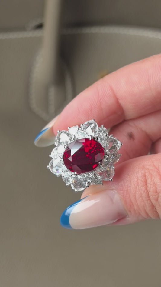7.8ct 13.6g Oval Ruby & Graduated Pear Diamond Ring | Cascading Brilliance