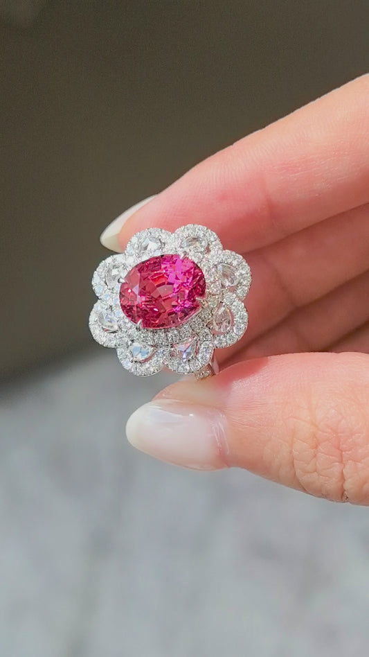 4.7ct 7.7g Oval Padparadscha Sapphire Lab Gemstone Ring | Intricate Floral Openwork Design
